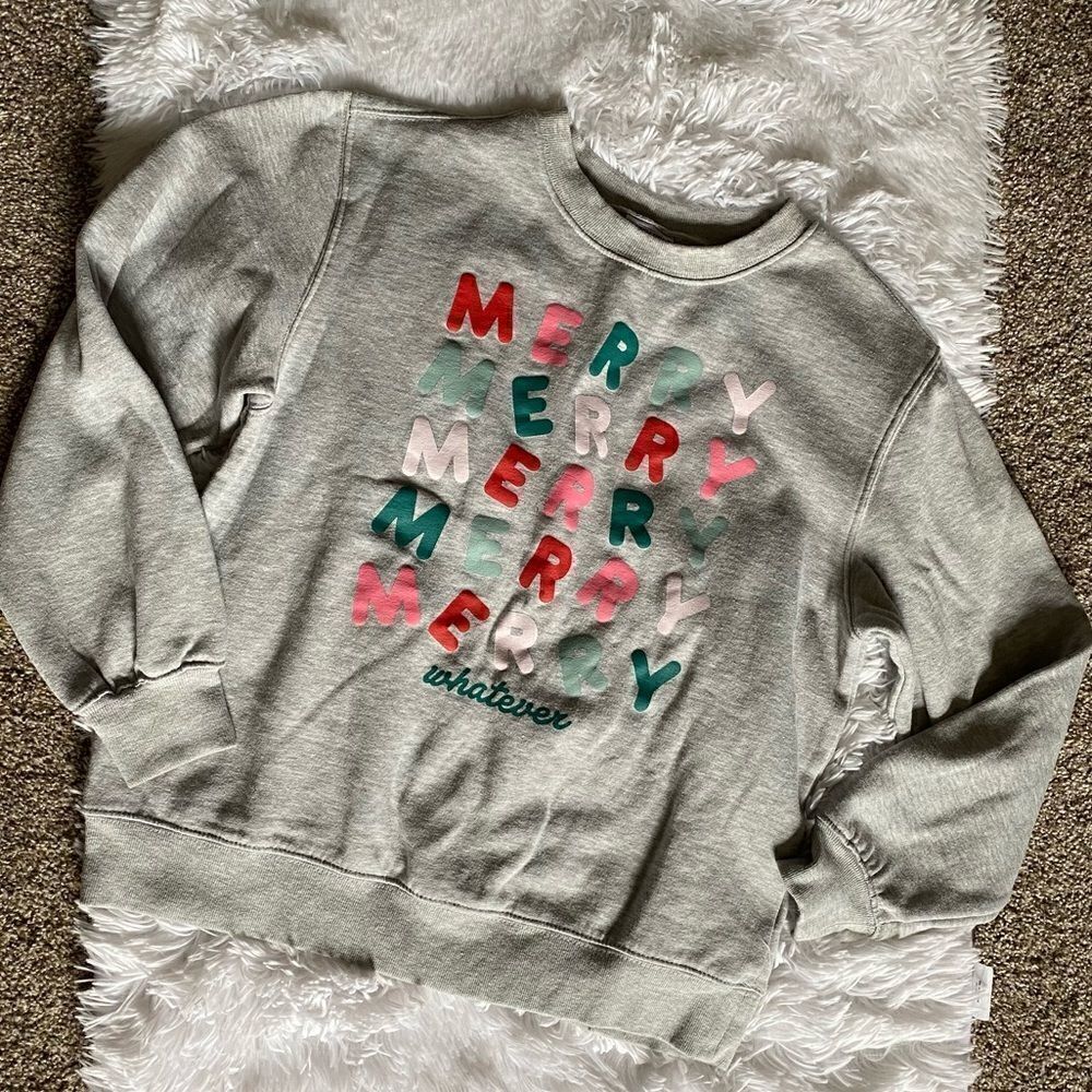Mighty Fine Merry Whatever Holiday Gray‎ Crew Neck Sweatshirt Girls Size Medium